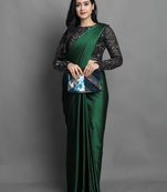 Dark green plain silk saree with blouse