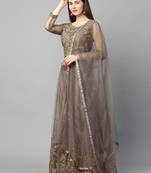 Brown embroidered net semi stitched lehenga