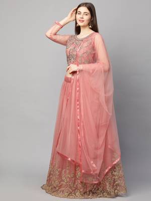 Pink embroidered net semi stitched lehenga 1