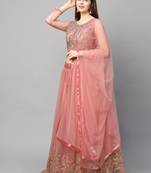 Pink embroidered net semi stitched lehenga