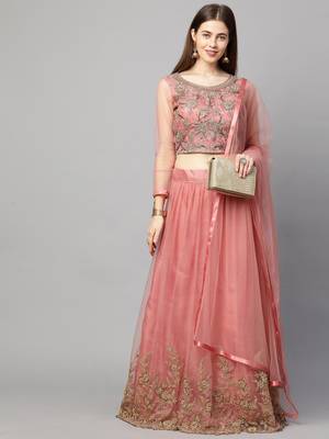 Pink embroidered net semi stitched lehenga 2