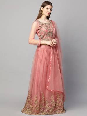 Pink embroidered net semi stitched lehenga 4