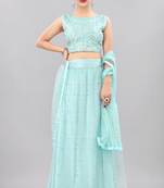Sky-blue embroidered net semi stitched lehenga