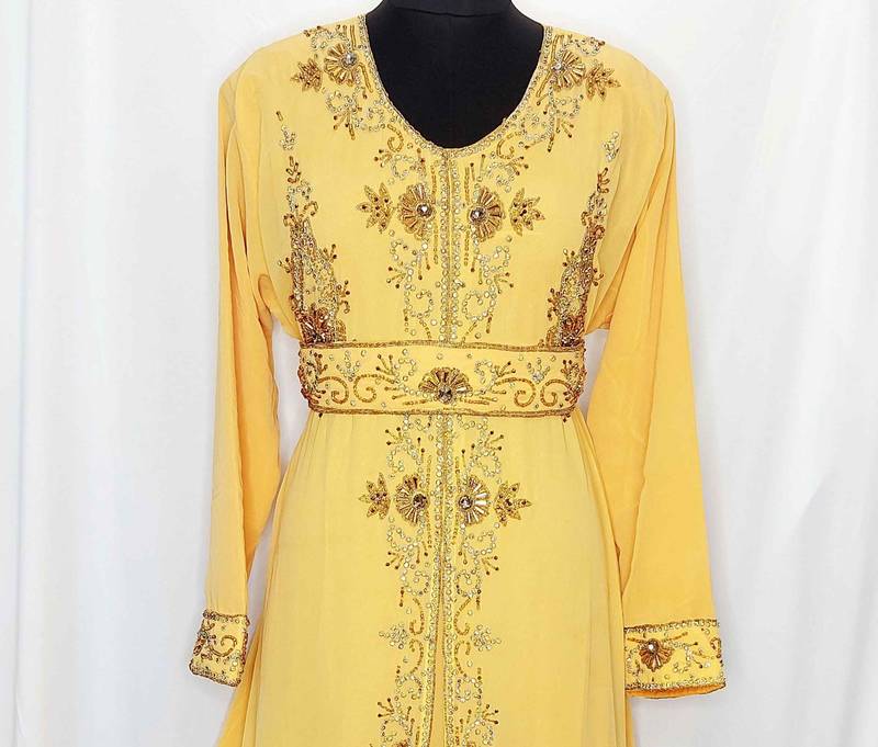 Yellow luxurious Moroccan Kaftan	With Sun-proof hijab.