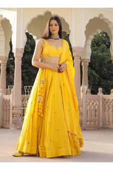 Yellow embroidered cotton stitched lehenga