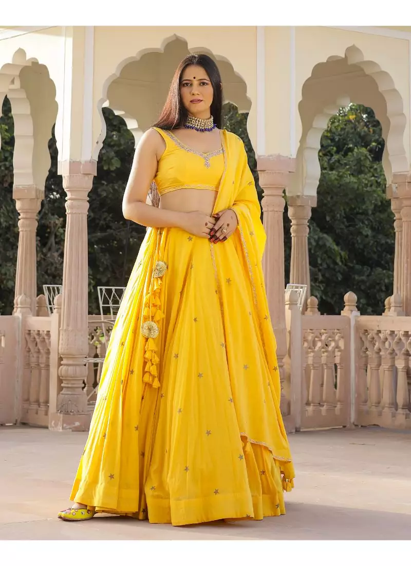 Yellow embroidered cotton stitched lehenga