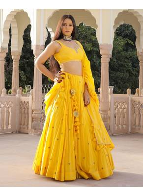 Yellow embroidered cotton stitched lehenga 2