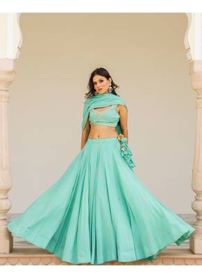Green embroidered cotton stitched lehenga 1