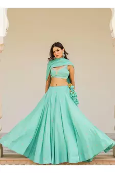 Green embroidered cotton stitched lehenga