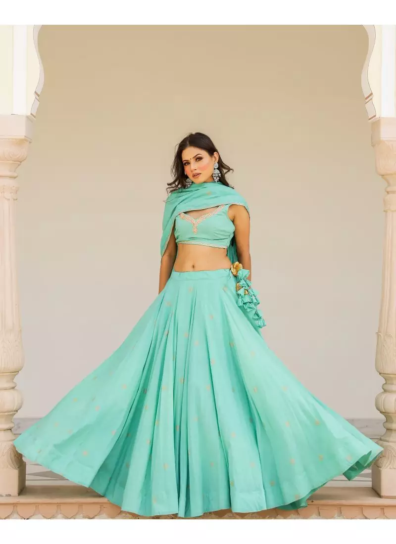 Green embroidered cotton stitched lehenga