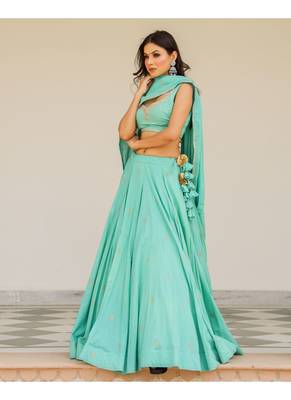 Green embroidered cotton stitched lehenga 2