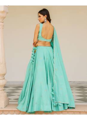Green embroidered cotton stitched lehenga 3