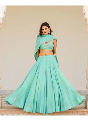 Green embroidered cotton stitched lehenga 4