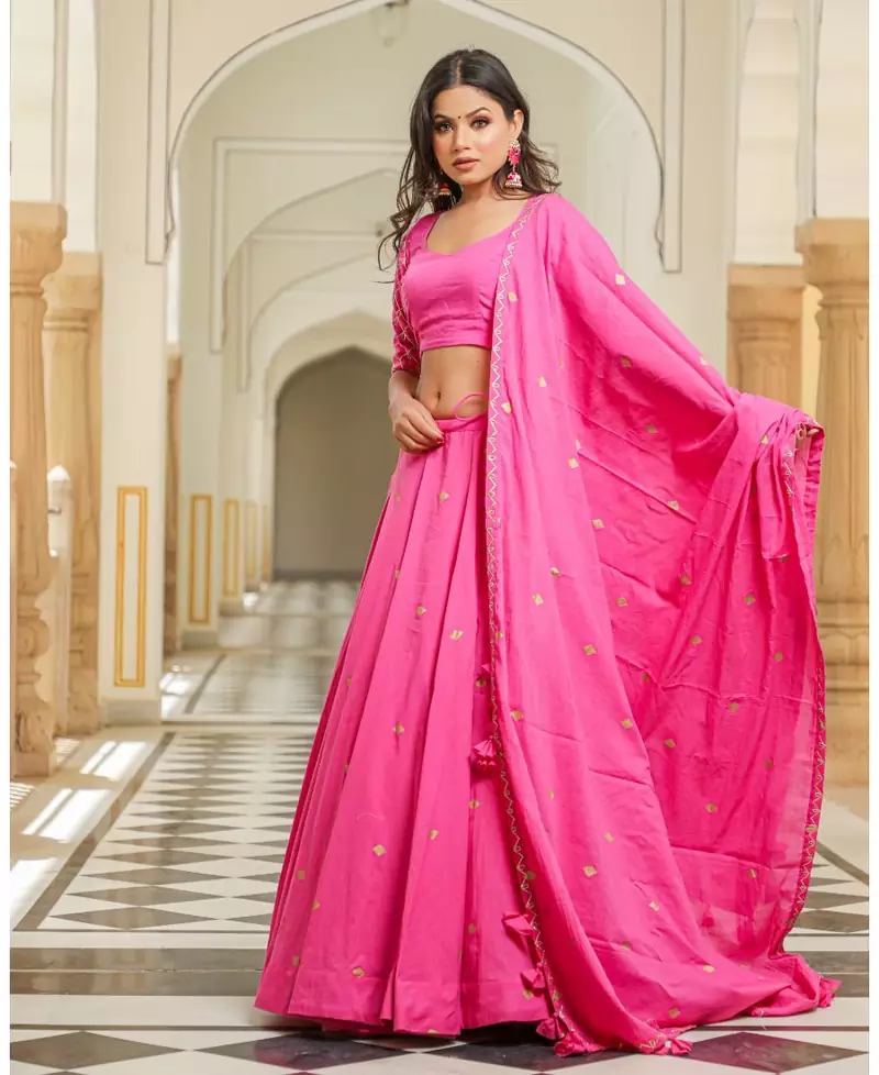 Magenta embroidered cotton stitched lehenga