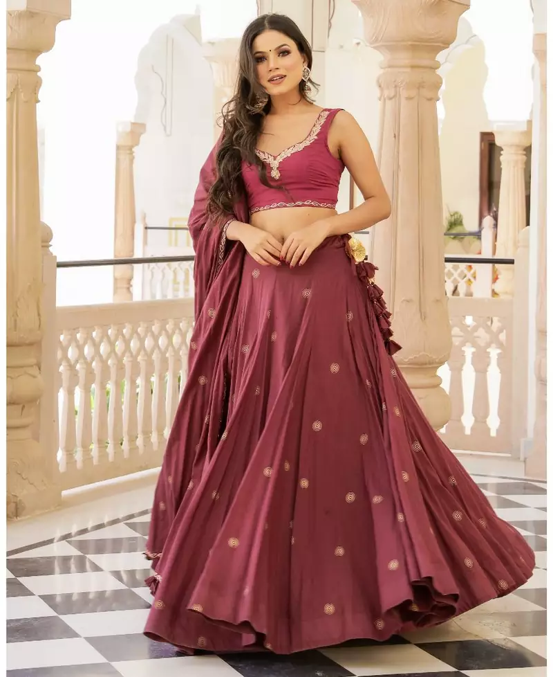 Maroon embroidered cotton stitched lehenga