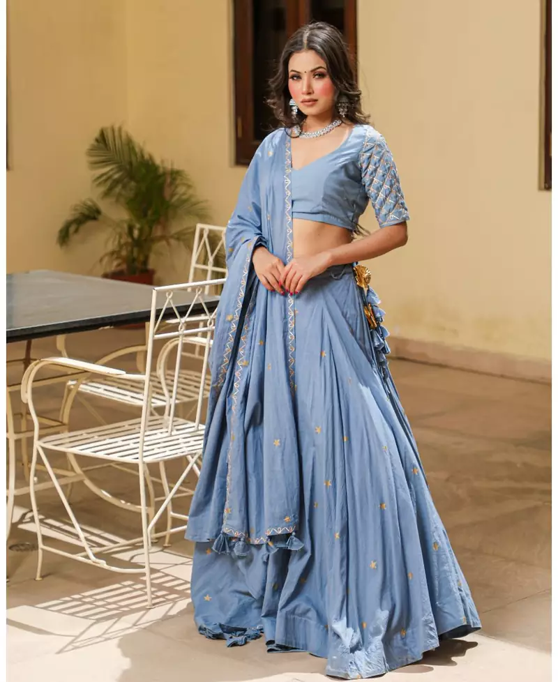 Grey embroidered cotton stitched lehenga