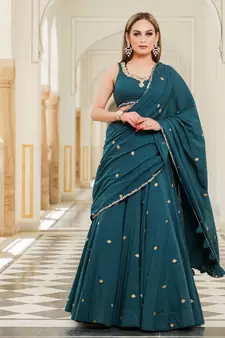Green embroidered cotton stitched lehenga