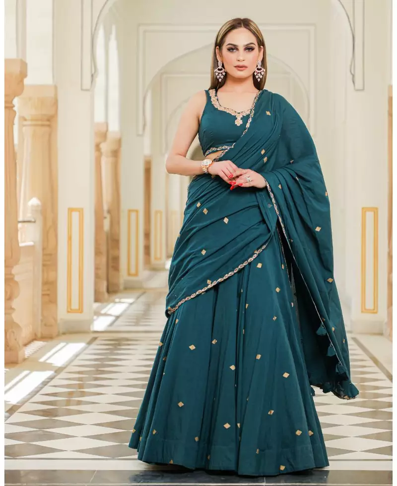 Green embroidered cotton stitched lehenga