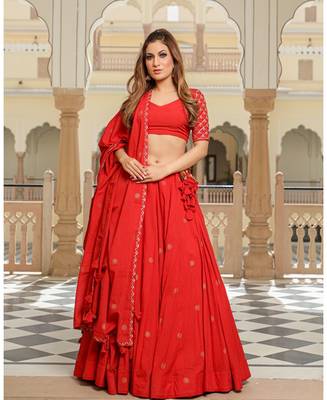 Red embroidered cotton stitched lehenga 1
