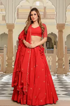 Red embroidered cotton stitched lehenga