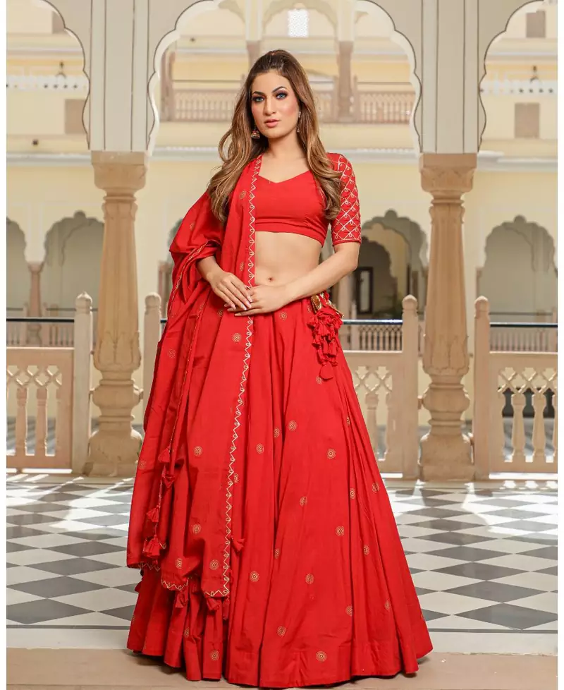 Red embroidered cotton stitched lehenga