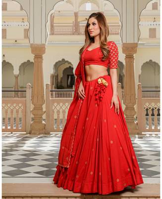 Red embroidered cotton stitched lehenga 2
