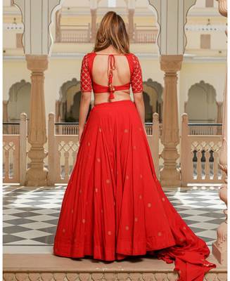 Red embroidered cotton stitched lehenga 3