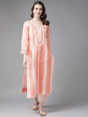 Ada Hand Embroidered Peach Cotton Lucknow Chikan Kurta - A230774 1