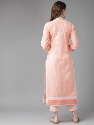 Ada Hand Embroidered Peach Cotton Lucknow Chikan Kurta - A230774 2