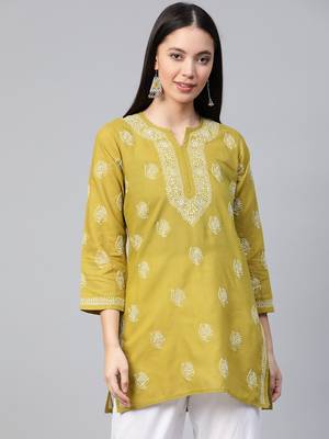 Hand Embroidered Green Cambric Cotton Lucknowi Chikankari Indian Women Short Kurti 2