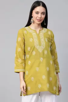 Hand Embroidered Green Cambric Cotton Lucknowi Chikankari Indian Women Short Kurti
