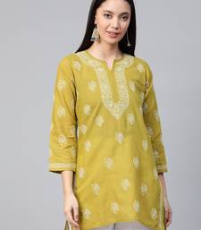 Hand Embroidered Green Cambric Cotton Lucknowi Chikankari Indian Women Short Kurti