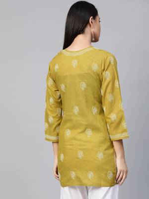 Hand Embroidered Green Cambric Cotton Lucknowi Chikankari Indian Women Short Kurti 3