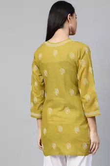 Hand Embroidered Green Cambric Cotton Lucknowi Chikankari Indian Women Short Kurti