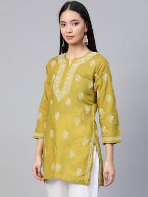 Hand Embroidered Green Cambric Cotton Lucknowi Chikankari Indian Women Short Kurti 4