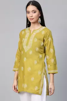 Hand Embroidered Green Cambric Cotton Lucknowi Chikankari Indian Women Short Kurti