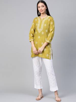 Hand Embroidered Green Cambric Cotton Lucknowi Chikankari Indian Women Short Kurti 1