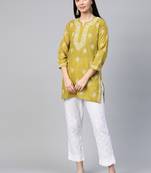 Hand Embroidered Green Cambric Cotton Lucknowi Chikankari Indian Women Short Kurti