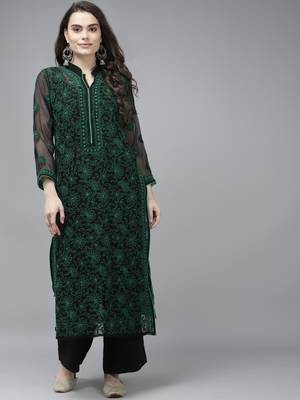 Ada Hand Embroidered Black Georgette Lucknow Chikankari Kurta with Slip - A224003 1