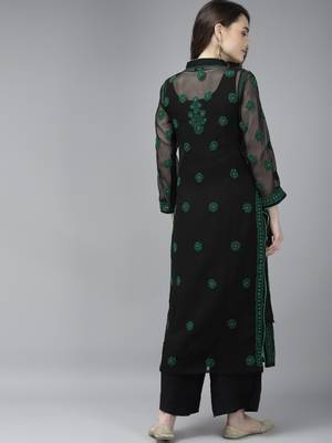 Ada Hand Embroidered Black Georgette Lucknow Chikankari Kurta with Slip - A224003 2