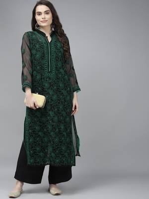 Ada Hand Embroidered Black Georgette Lucknow Chikankari Kurta with Slip - A224003 3