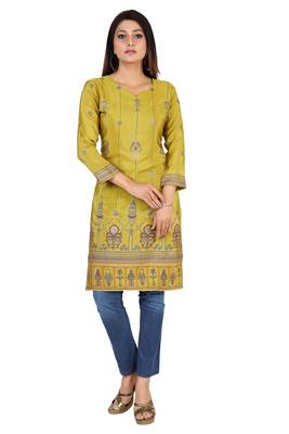 Olive printed silk long-kurtis 1