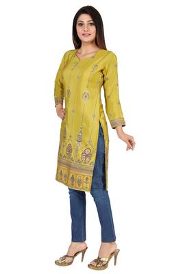 Olive printed silk long-kurtis 3