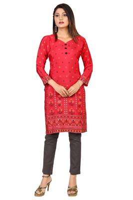Maroon printed silk long-kurtis 1