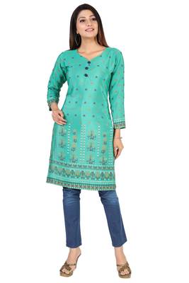 Green printed silk long-kurtis 1