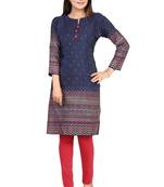 Blue printed silk long-kurtis