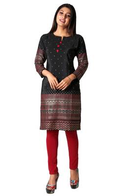 Black printed silk long-kurtis 1