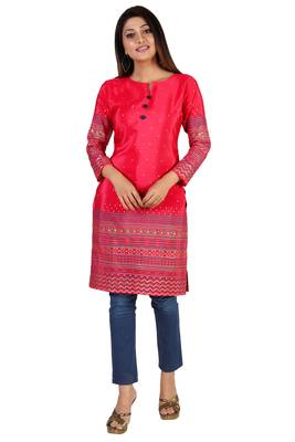 Pink printed silk long-kurtis 1