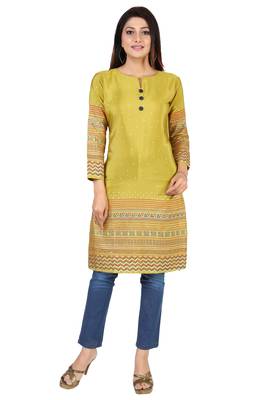 Olive printed silk long-kurtis 1