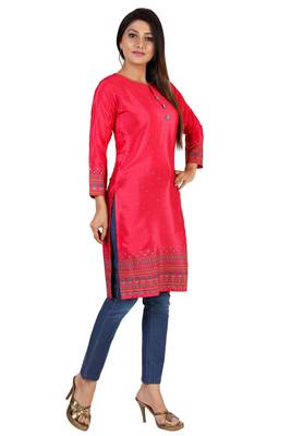Pink printed silk long-kurtis 4